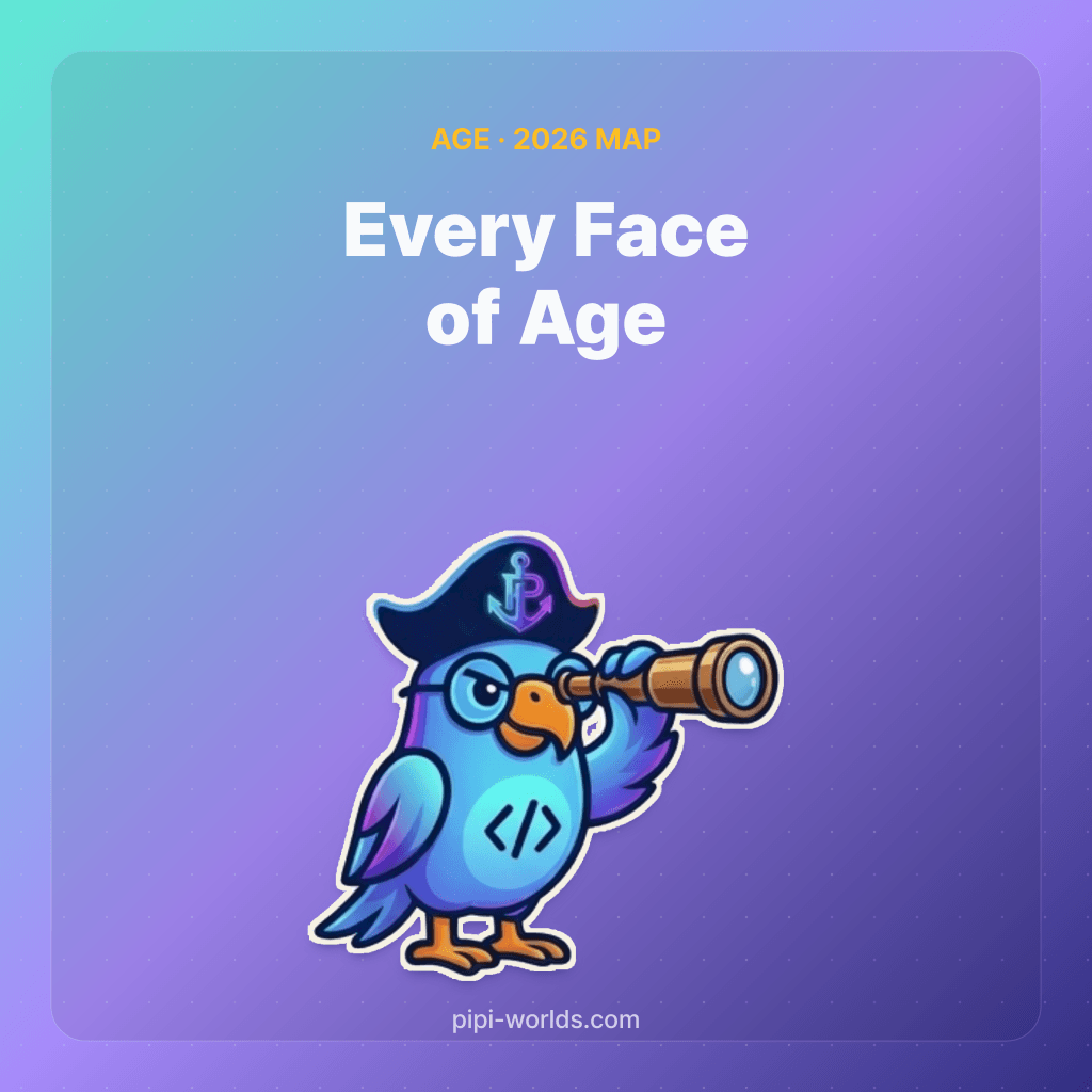 Mint and violet gradient card with PiPi mascot and 'Every Face of Age' title — 2026 generation map.